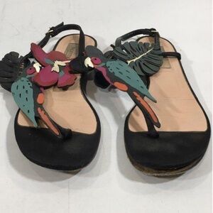 Women’s Valentino Garavani Black Flat Sandals w/Colorful Bird Design Size 36.5